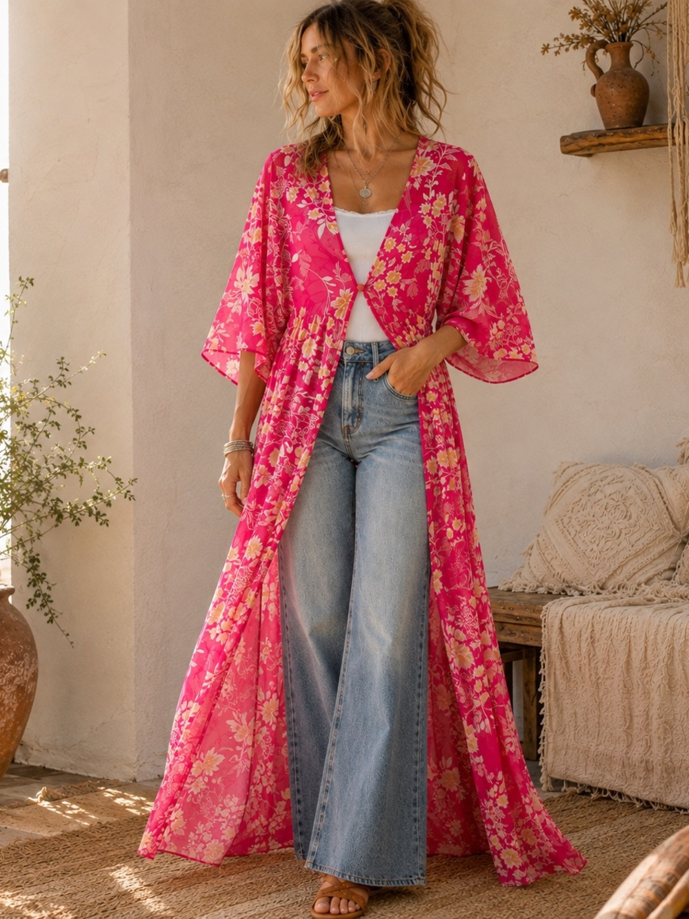 Vince Camuto Bright Pink Floral Maxi Duster Kimono